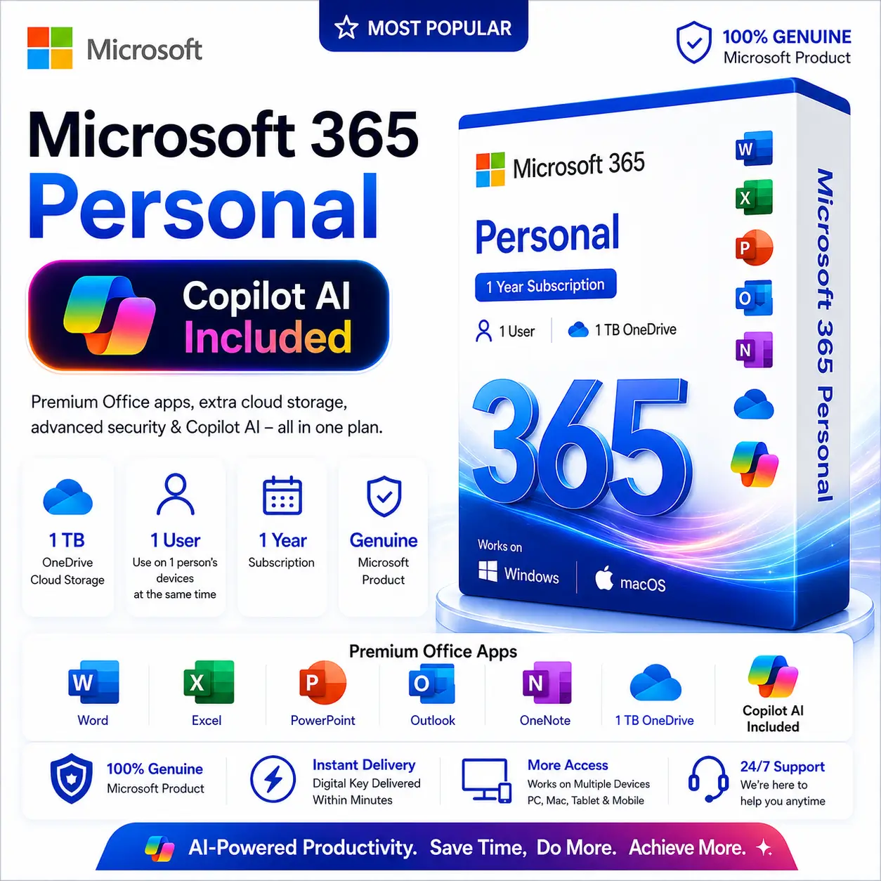 Microsoft 365 Personal | Copilot AI Included | 1 Year Subscription | 1 User | 1TB OneDrive
