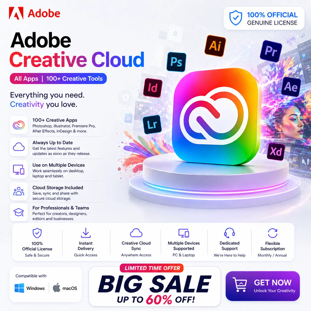 Adobe Creative Cloud All Apps Subscription | Official Apps | Windows & macOS
