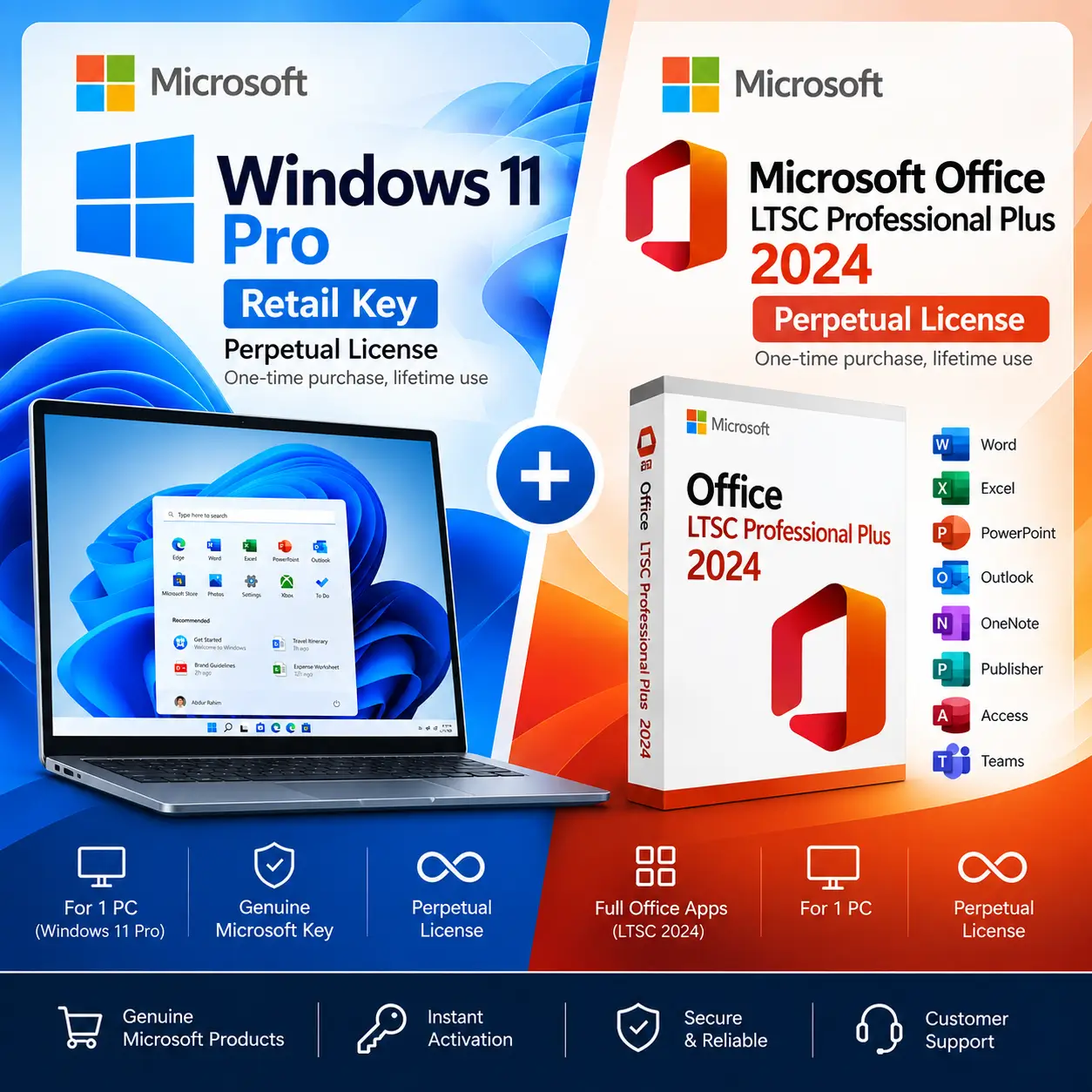 Windows 11 Pro Retail Key + Microsoft Office LTSC Professional Plus 2024 – Perpetual License Bundle
