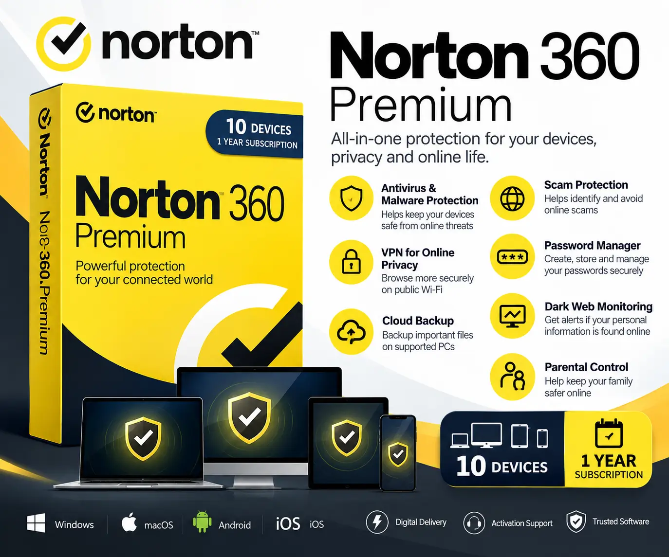 Norton 360 Premium License Key – 1 Year | Up to 10 Devices